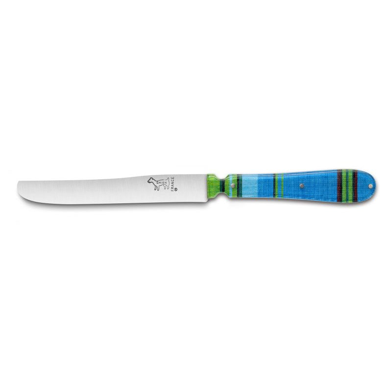 Couteau CHIEN® Manche Tissu Madras véritable Résine Acrylique Bleu et Vert avec étui