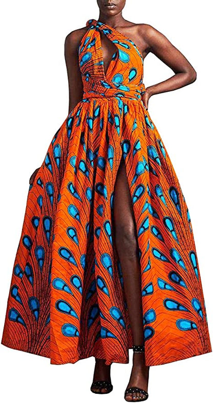 Robe Imprimée Wax Grande Taille Afrique Plume Bleue fond Orange