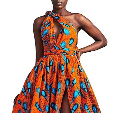 Robe Imprimée Wax Grande Taille Afrique Plume Bleue fond Orange