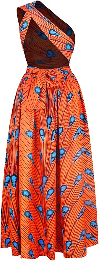 Robe Imprimée Wax Grande Taille Afrique Plume Bleue fond Orange