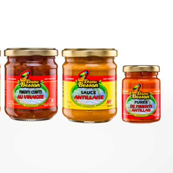 Assortiment de 4 sauces piquantes Dame Besson. De la purée très piquante à la douce.