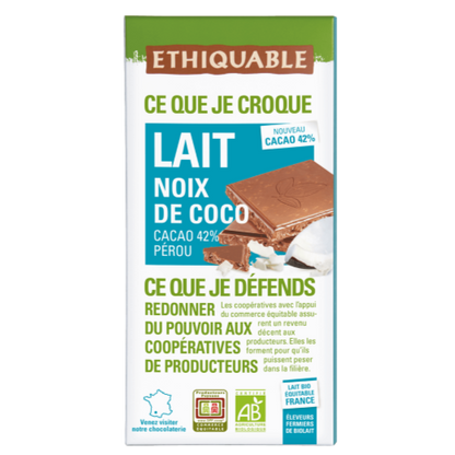 Chocolat Bio Ethiquable au lait Noix de coco Pérou