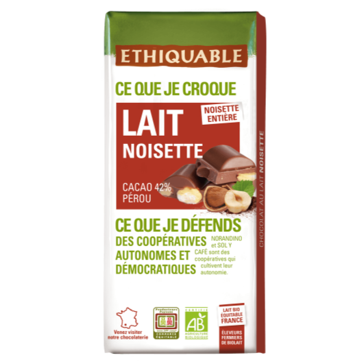 Chocolat lait Noisette entière Cacao du Pérou 70% Pur arabica  180gr