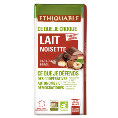 Chocolat lait Noisette entière Cacao du Pérou 70% Pur arabica  180gr