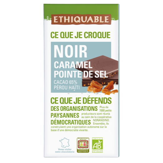 Chocolat noir Caramel Pointe de sel 65 % de Cacao Pérou/Haïti  100gr